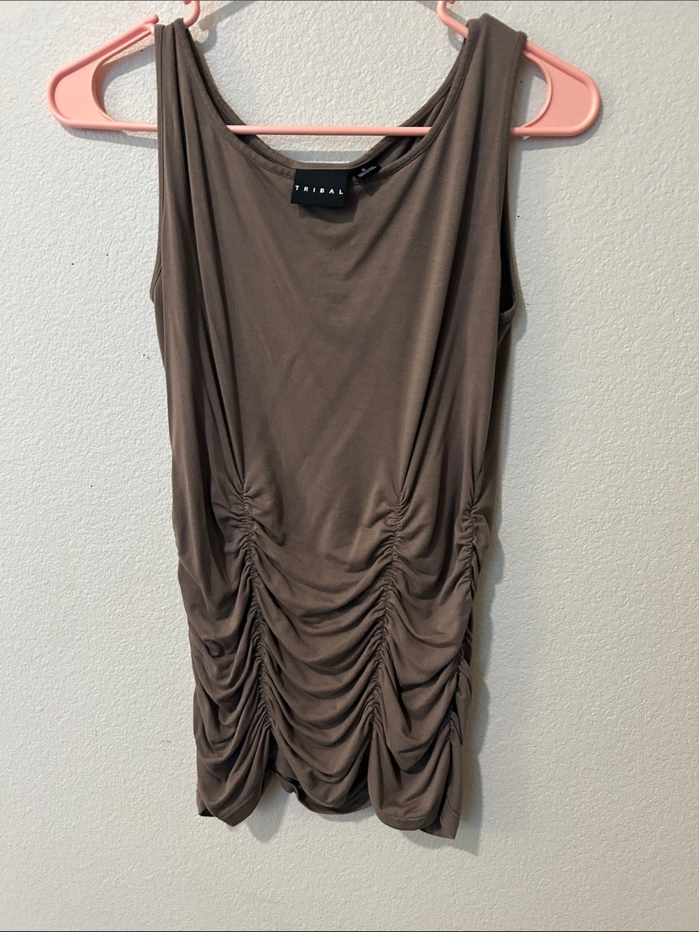 Tribal Ruched Sleeveless Top in Taupe